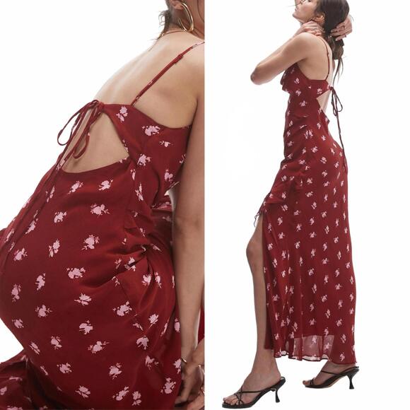 Topshop Sheer Drape Midi Dress Red Cowl Neck Maxi Dress with Slit Burgundy NWT 2 - Picture 2 of 7